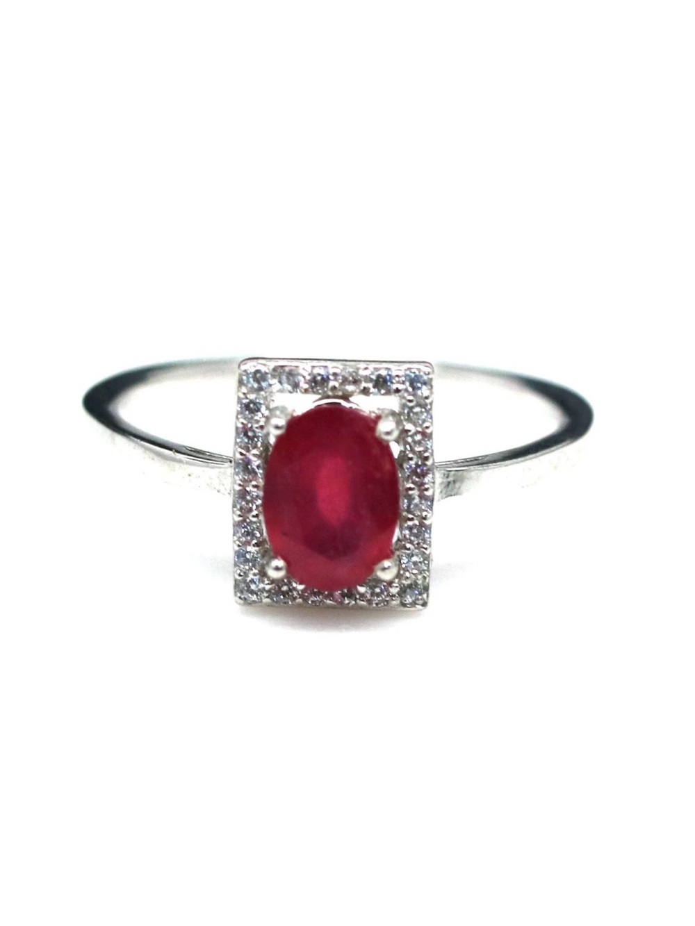 Stunning Natural Red Ruby .90CT w/ Rectangle Halo 925 Sterling Silver Sz 6.75